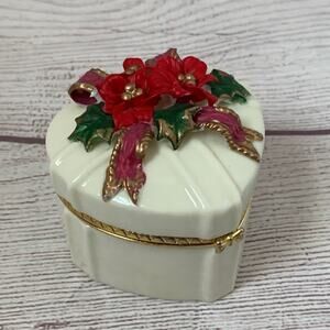 Heart Shaped Ceramic Christmas Holiday Trinket Box with Poinsettias and Bow 3"H